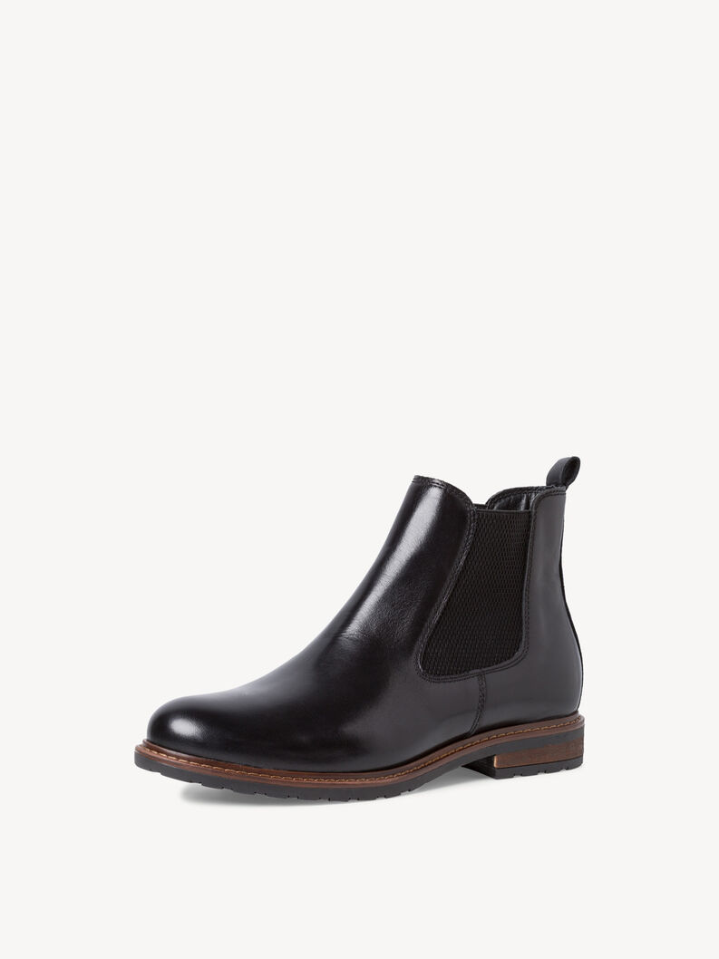 Black leather Chelsea boots with brown sole and elastic side panel