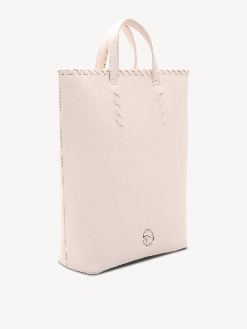 Beiger Leder-Rucksack mit doppelten Griffen und silbernem Logo