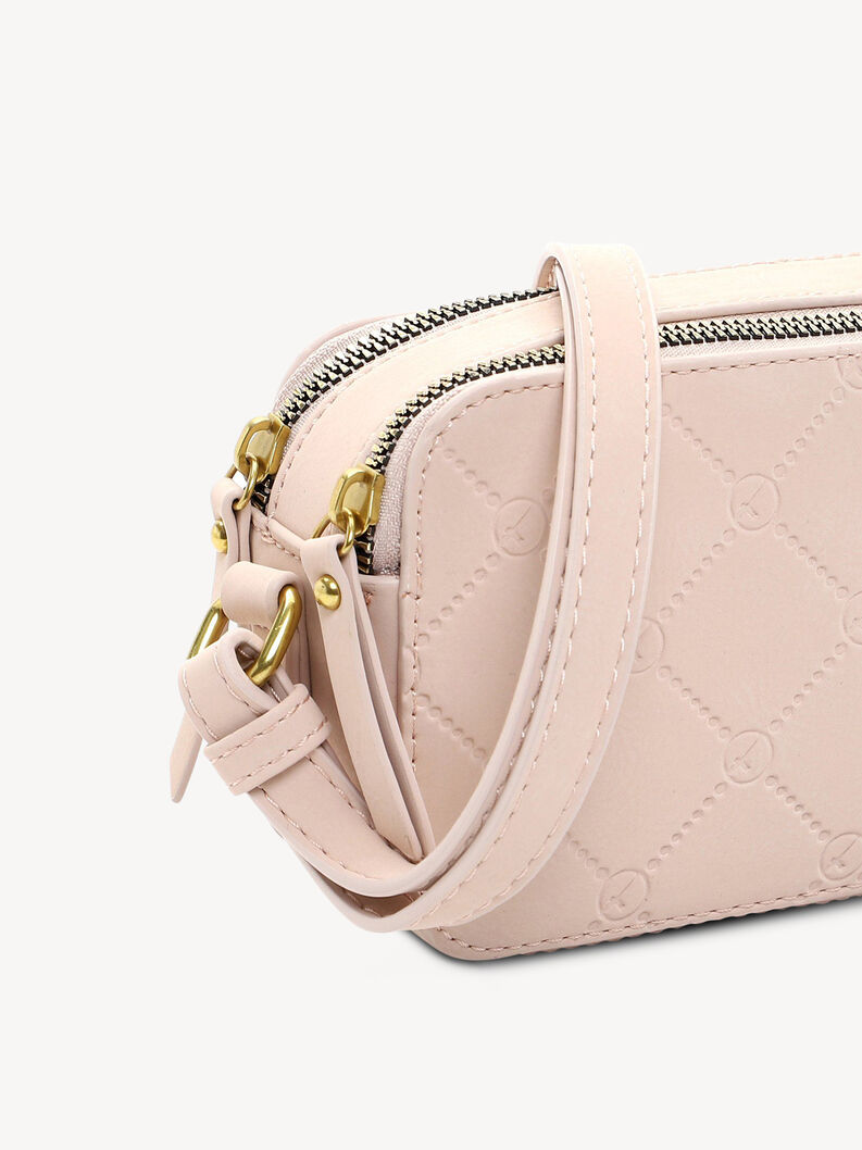 Detailansicht der rosa Leder-Crossbody-Tasche mit goldenen Rei&szlig;verschl&uuml;ssen und verstellbarem Riemen