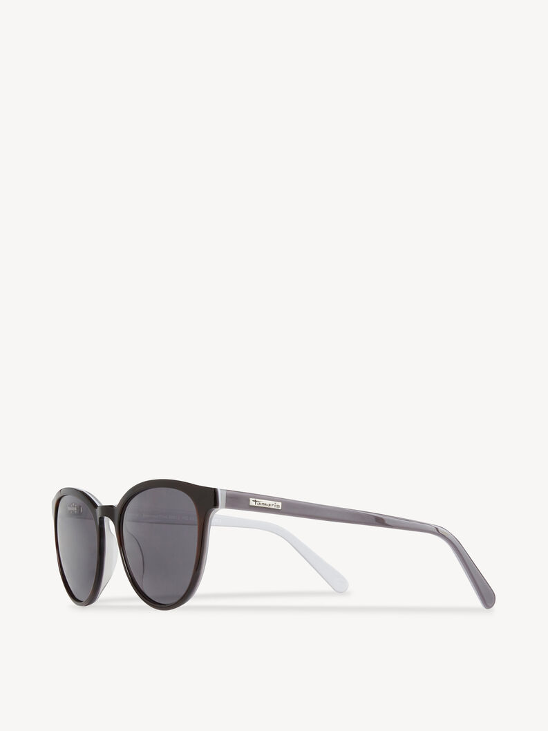 Side view of round black sunglasses with grey lenses