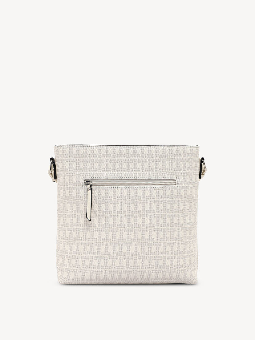 Achterkant beige tas met ritssluiting en geometrisch patroon