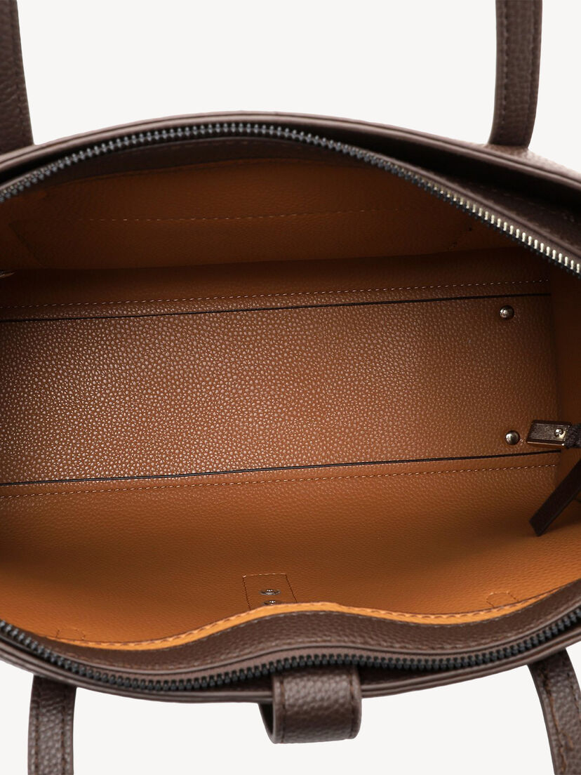 Binnenkant donkerbruine leren tas met bruine voering en zak