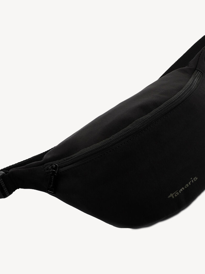 Close-up front view of black textile waist bag with logo print