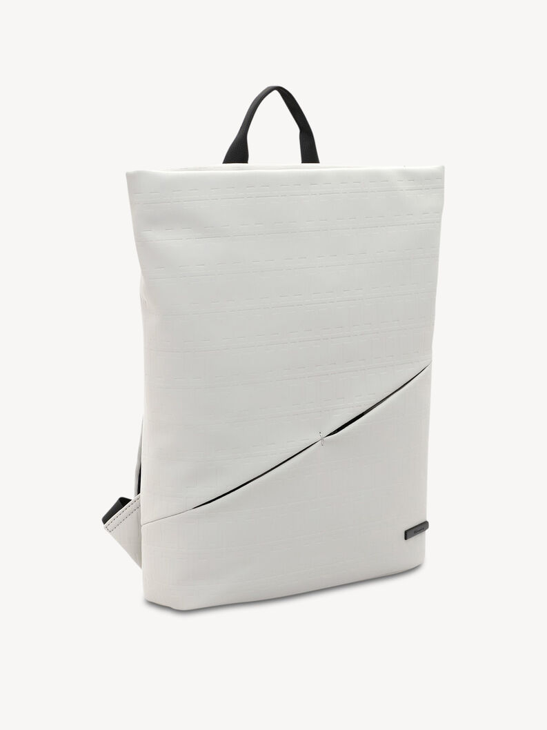 Biały nowoczesny plecak z czarnymi paskami i ukośnym zamkiem, inny kąt