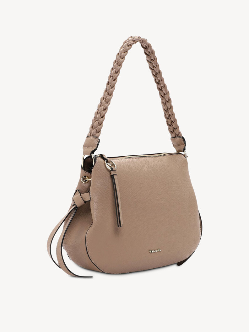 Side angle view of beige faux leather handbag with braided handle