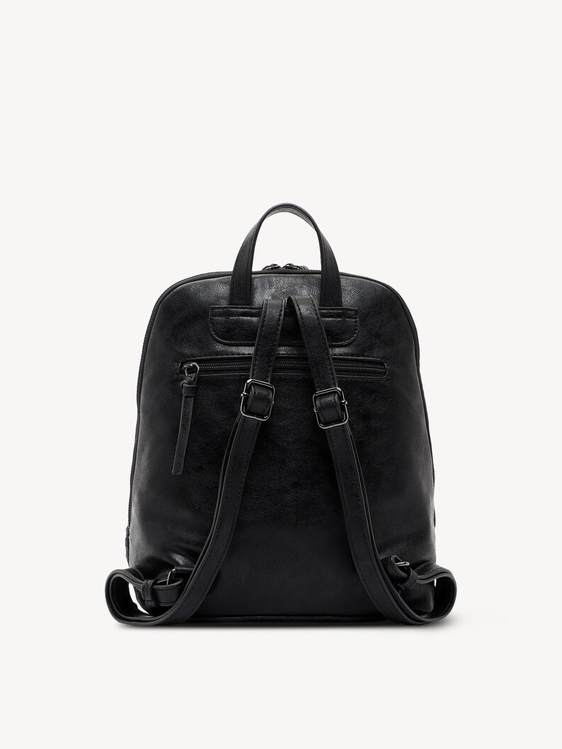 Tył czarnego błyszczącego sk&oacute;rzanego plecaka z regulowanymi paskami