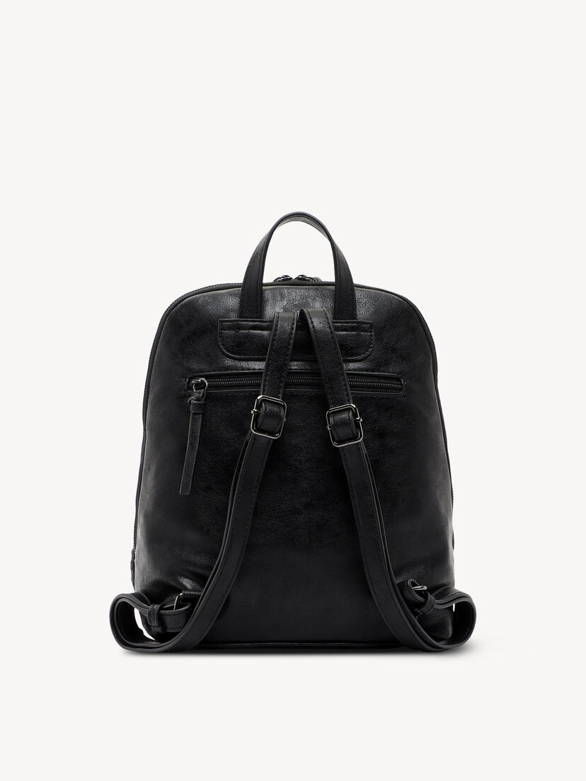 Achterkant van zwarte glanzende leren rugzak met verstelbare riemen