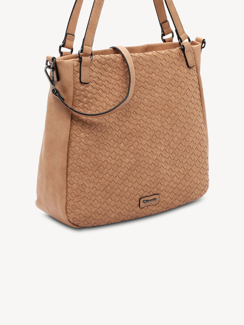 d&eacute;tail lat&eacute;ral du sac beige avec motif tress&eacute; et bandouli&egrave;re r&eacute;glable