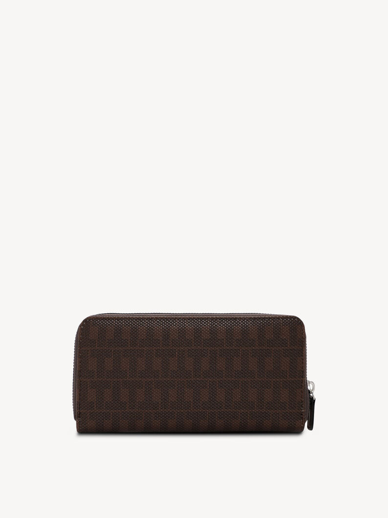 Brown Tamaris wallet with monogram and zipper closure on back