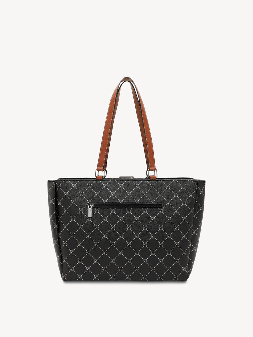 Achteraanzicht van zwarte handtas met beige handvaten en ritszak