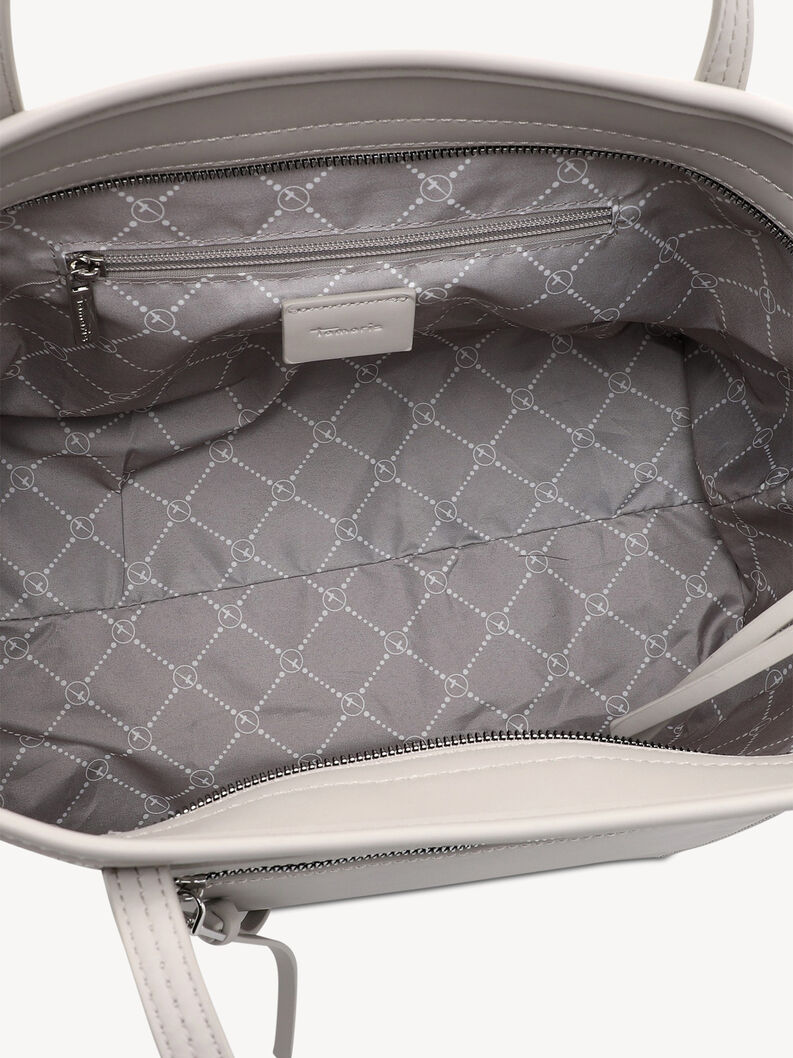 Close-up of gray inner lining with zip pocket in beige Tamaris bag
