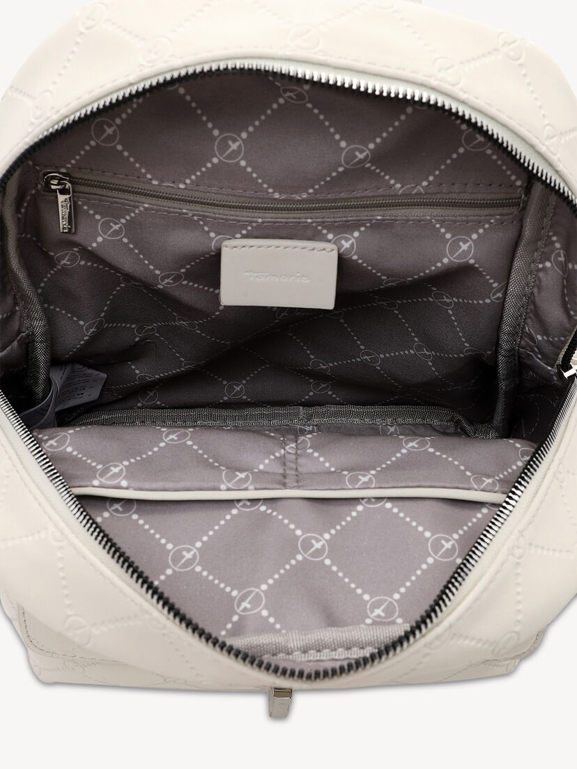 Binnenkant rugzak met ritssluitingzak en grijze, patroonvoering