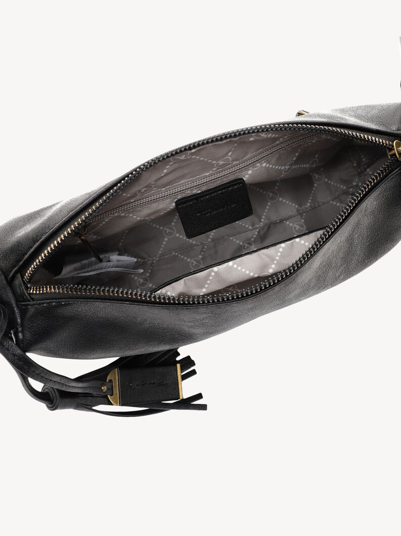 Blick ins Innere einer schwarzen Lederhandtasche mit grauem Futter