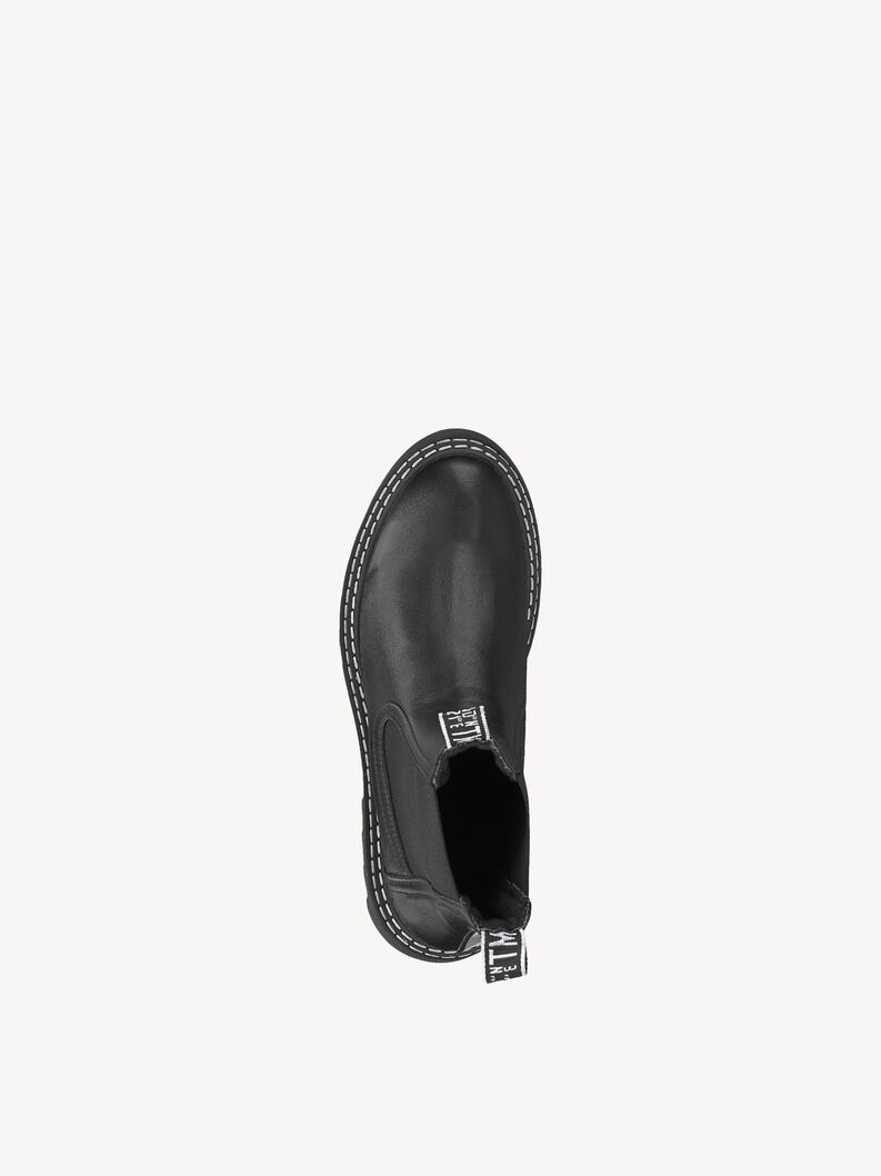 Top view of black leather Chelsea boots with prominent stitching