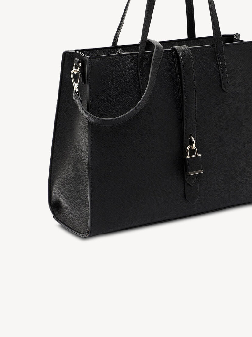 Zwarte leren handtas met lange banden en metalen gesp, detail