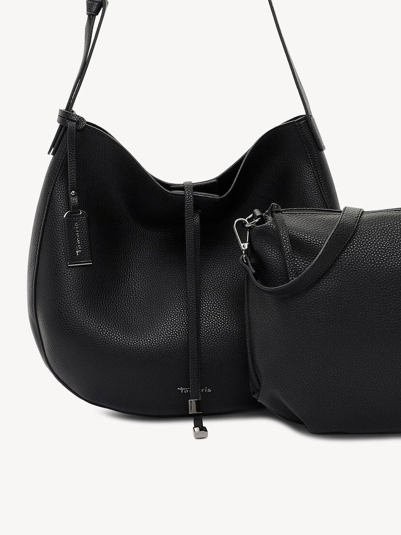 Zwarte leren tas met decoratief koordje en kleine extra tas