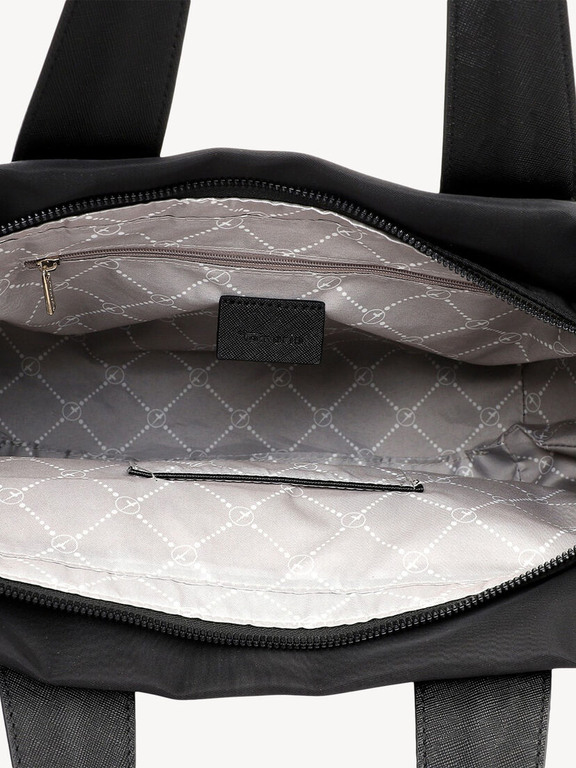 Binnenkant van zwarte tas met logo, ritsvak en patroonvoering