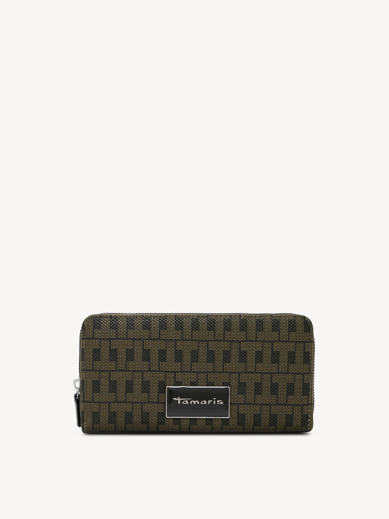 Green Tamaris wallet with monogram pattern and metal logo plaque