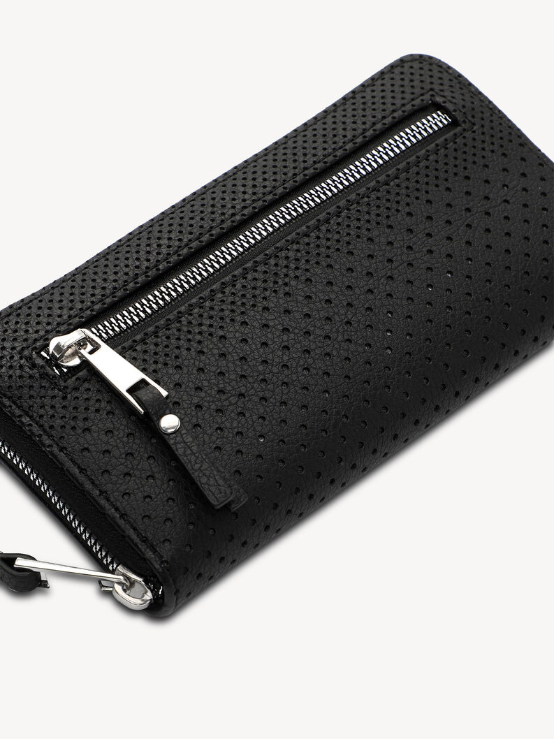 Gros plan portefeuille noir en cuir perfor&eacute; avec fermeture &eacute;clair argent&eacute;e