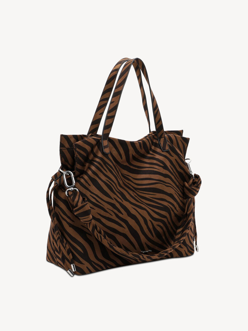 Seitenansicht einer braunen Tasche mit Zebramuster und bequemen Griffen