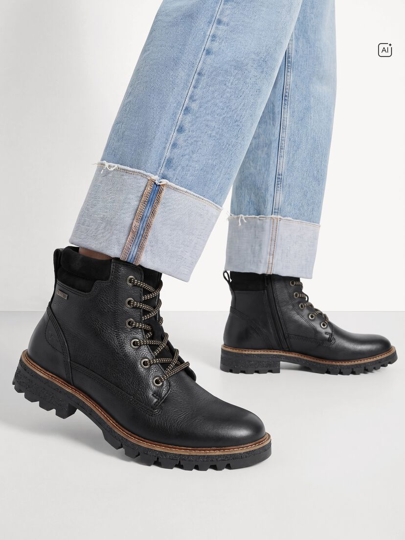 Leren Enkellaarsje - zwart warme voering, BLACK LEATHER, hi-res