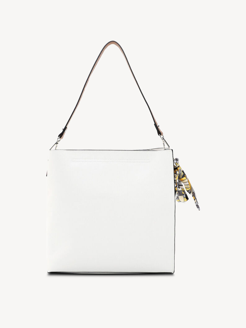 Vue arri&egrave;re du sac en cuir blanc avec foulard color&eacute; et poign&eacute;e