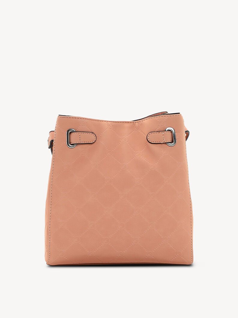 Back view of salmon pink faux leather handbag without embellishments
