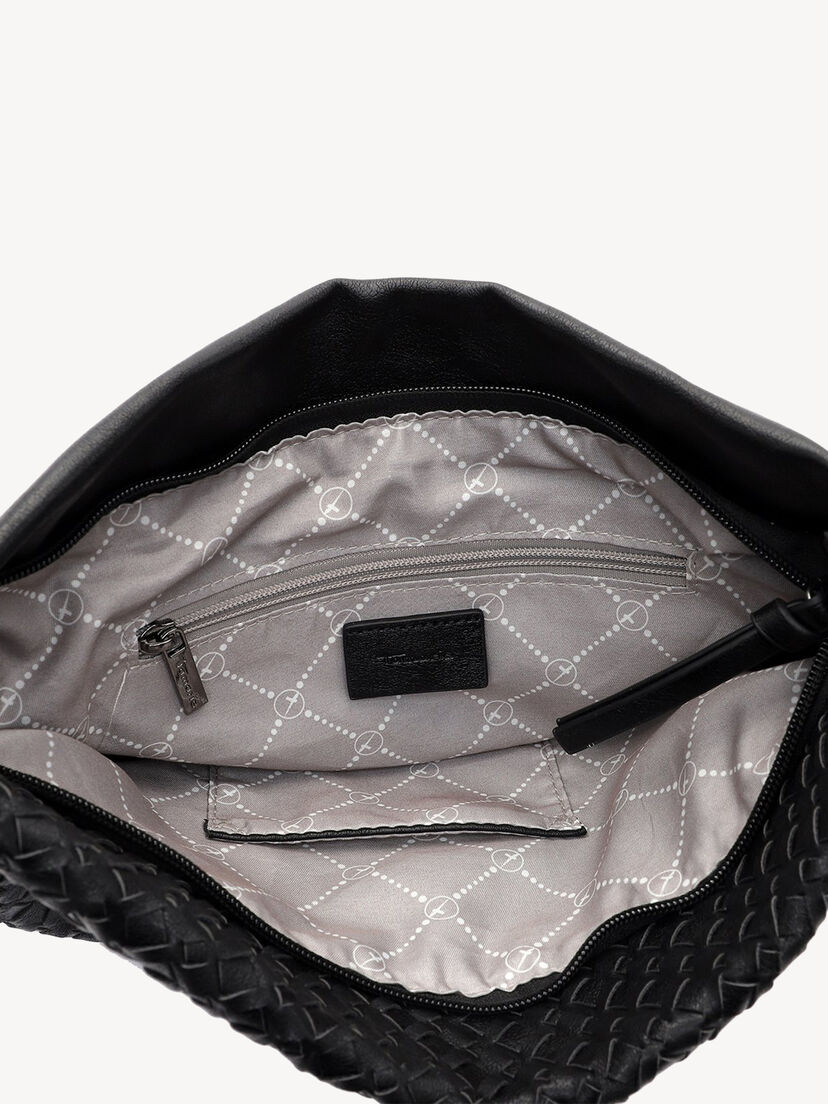 Ruime binnenkant zwarte handtas met stoffen voering en binnenvak met rits