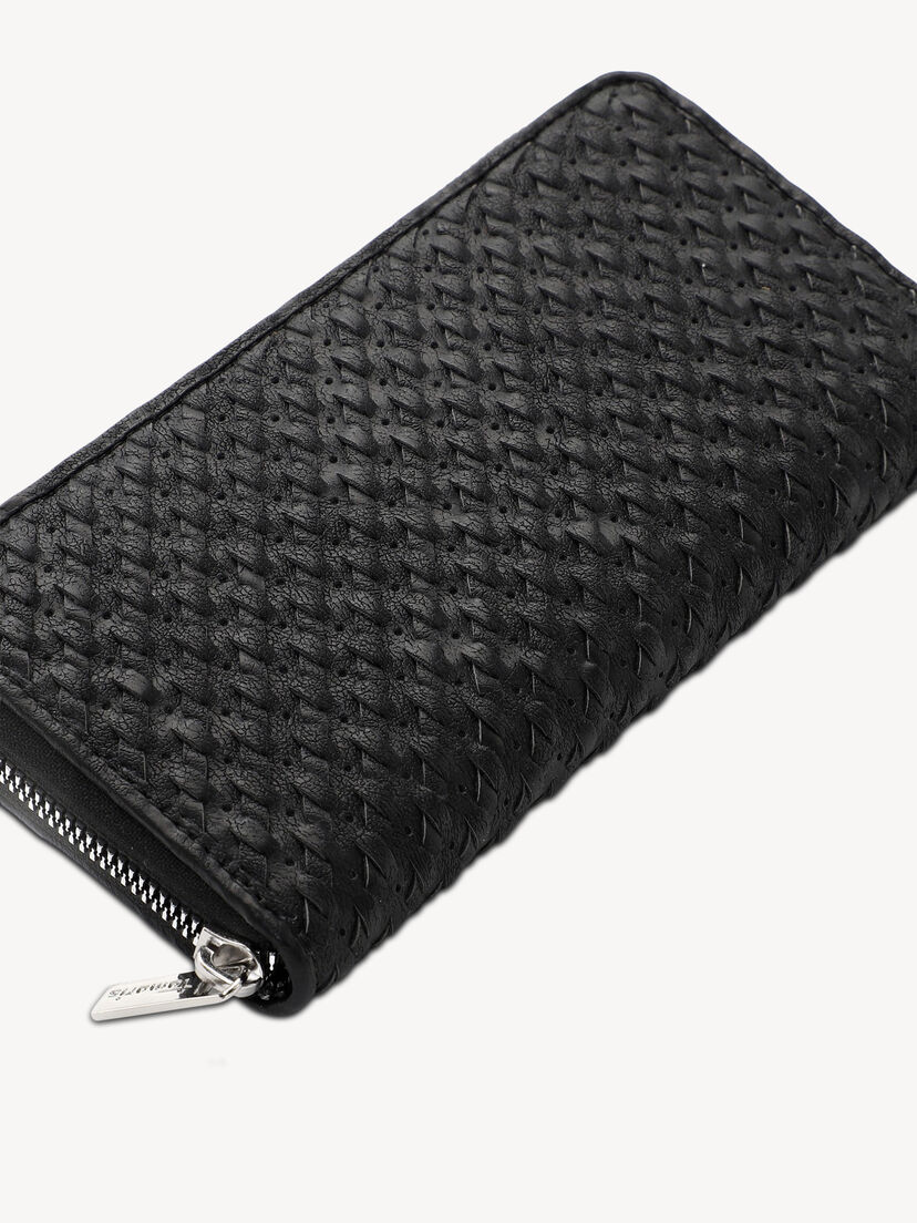 Close-up van textuurpatroon en zilveren ritssluiting op zwarte portemonnee