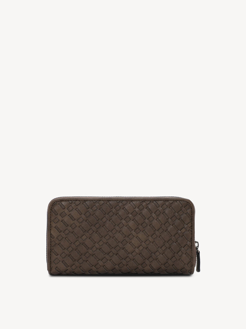 Brown Tamaris wallet with woven surface and zipper closure
