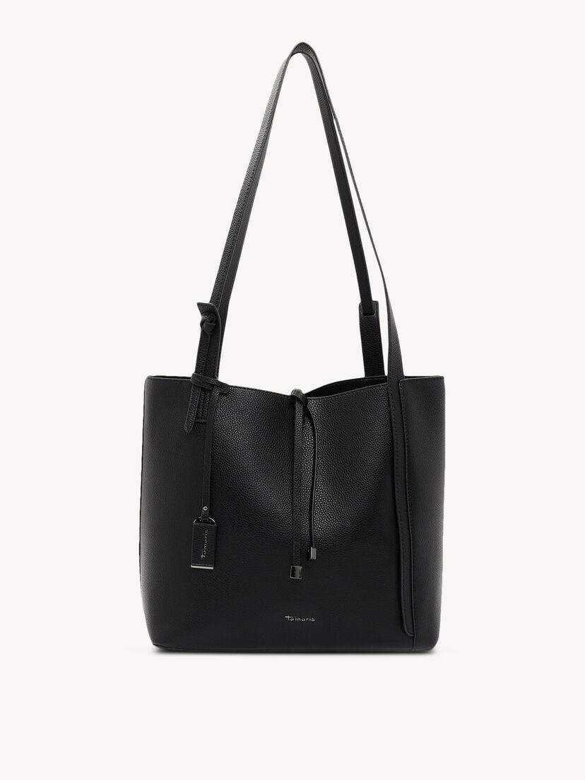 Zwarte leren handtas met lange banden en eenvoudig ontwerp