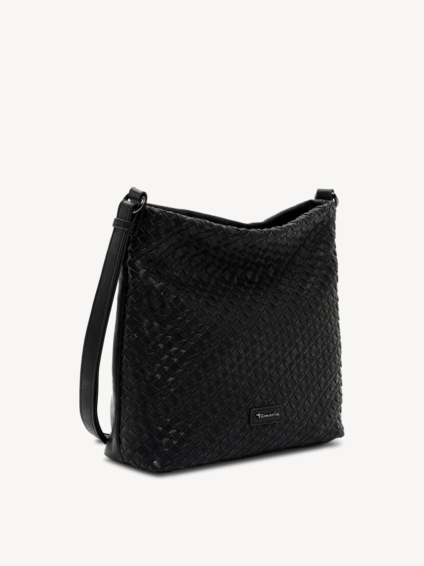 Zijaanzicht van zwarte schoudertas met gevlochten patroon en verstelbare riem