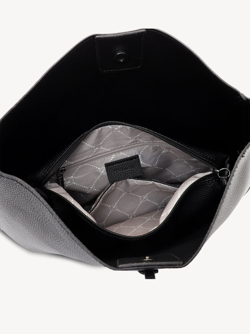 Gedetailleerd overzicht binnenzijde zwarte leren tas met vakken