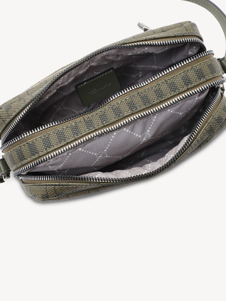 Int&eacute;rieur du sac vert Tamaris avec double fermeture &eacute;clair et doublure grise