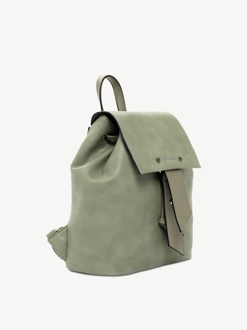 Zielony plecak ze sk&oacute;ry ekologicznej widok z boku z paskiem