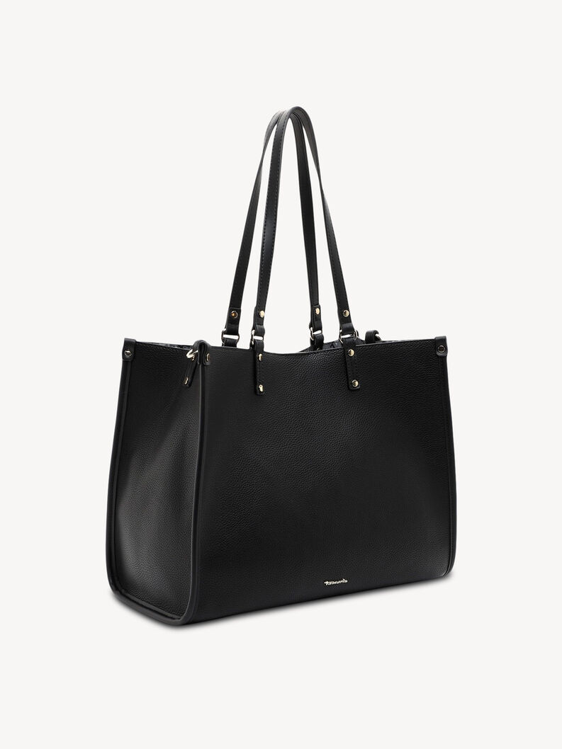 Vue lat&eacute;rale d&rsquo;un sac en cuir noir avec longues anses