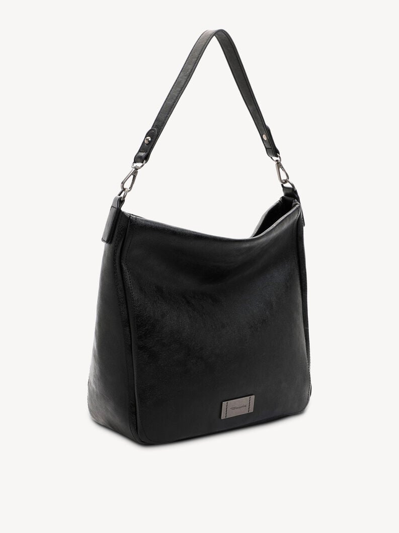 Elegante schwarze Lederhandtasche mit festen Tr&auml;gern und dezenter Marke