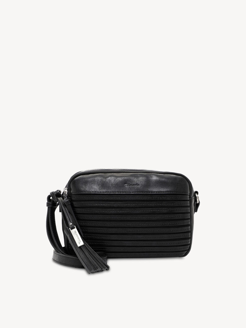 Schwarze Leder-Crossbody-Tasche mit gestreiftem Design und Quaste