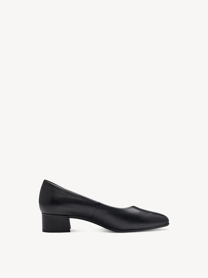 Black leather pumps with low block heel, simple design