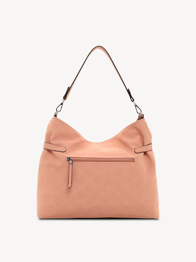 Back side of salmon pink Tamaris faux leather bag with zip pocket