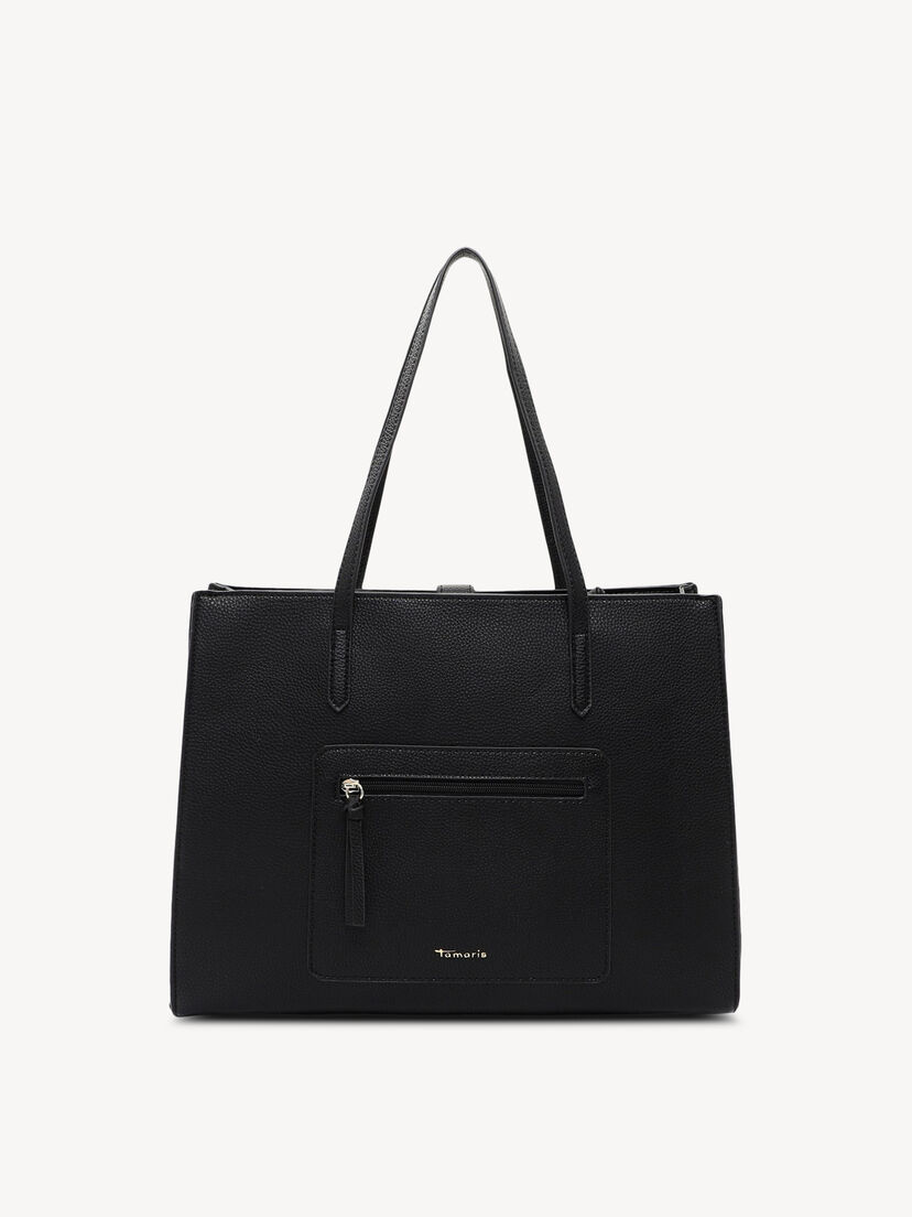 Achterkant van zwarte leren handtas met ritssluiting