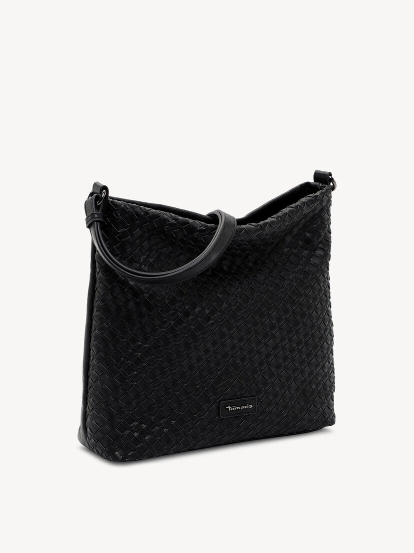 Zijaanzicht van zwarte schoudertas met gevlochten patroon en korte handgreep