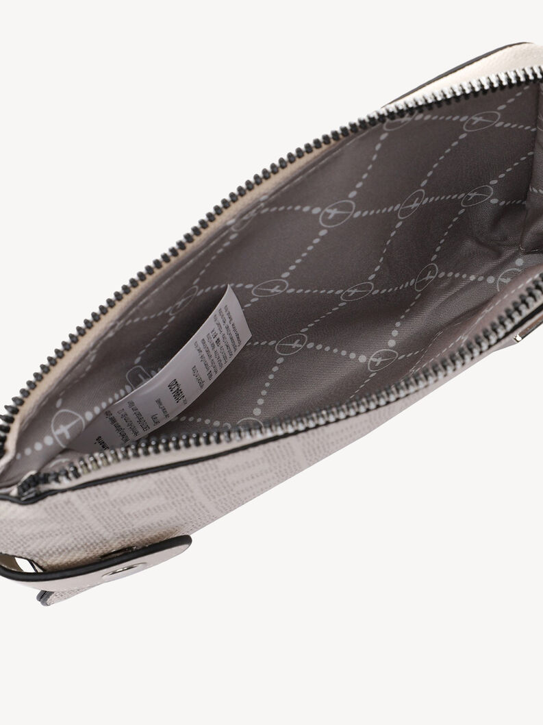 Close-up of gray logo-printed lining inside white bag