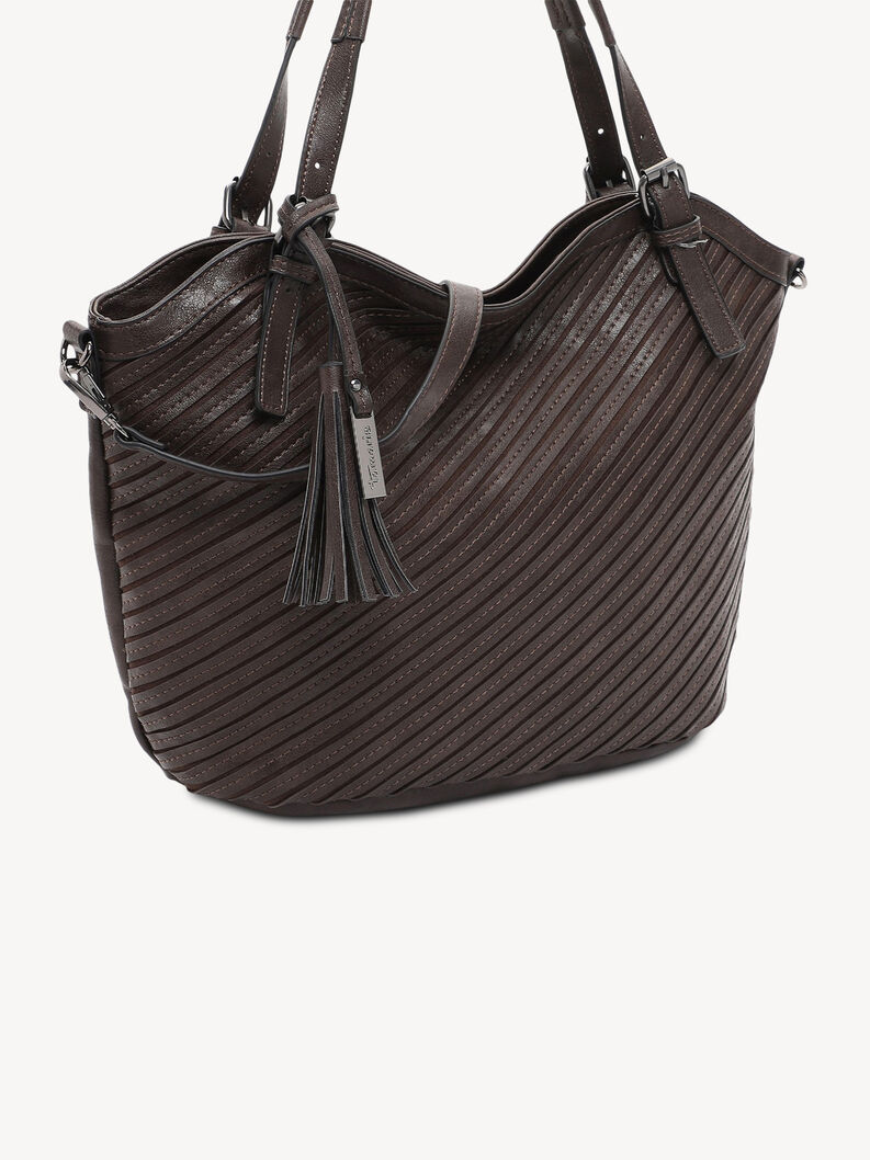 Detailansicht einer dunkelbraunen Tasche mit diagonalen Streifen und Quasten