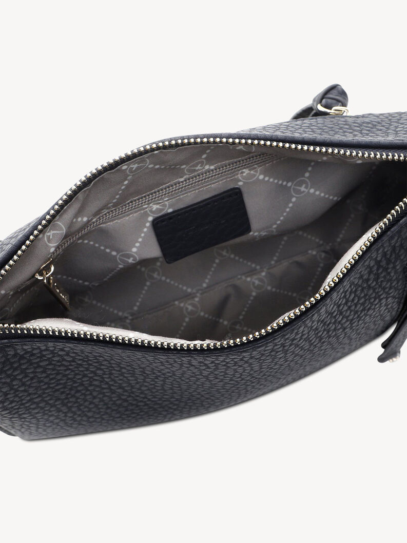 Vista dettagliata interno grigio di borsa blu con tasca con zip