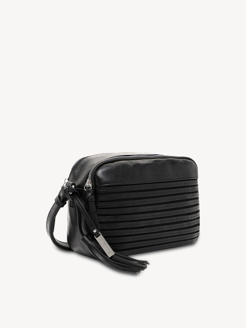Schr&auml;gansicht schwarze Leder-Crossbody-Tasche mit Streifen und Quaste