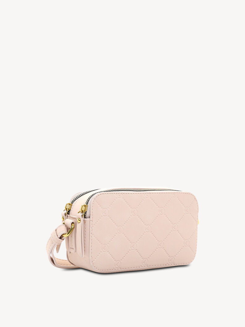 Rosa Leder-Crossbody-Tasche mit zwei Hauptf&auml;chern und goldenen Rei&szlig;verschl&uuml;ssen