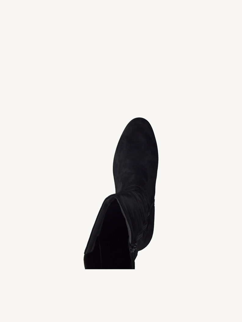 Top view of black suede boots with smooth texture