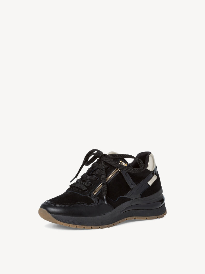 Moderne schwarze Damen-Sneaker aus Leder und Wildleder mit Schn&uuml;rung