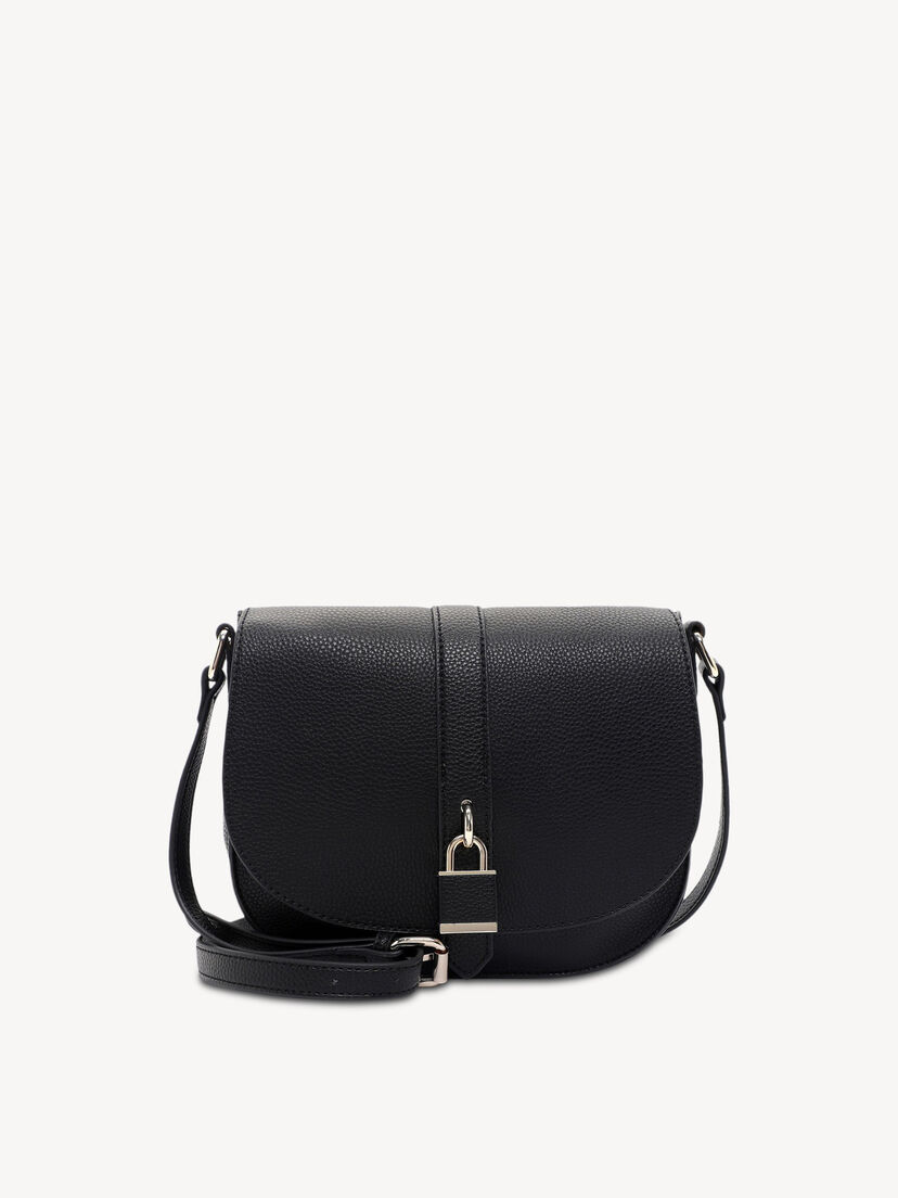 Moderne zwarte leren handtas met verstelbare riem en slotdetail